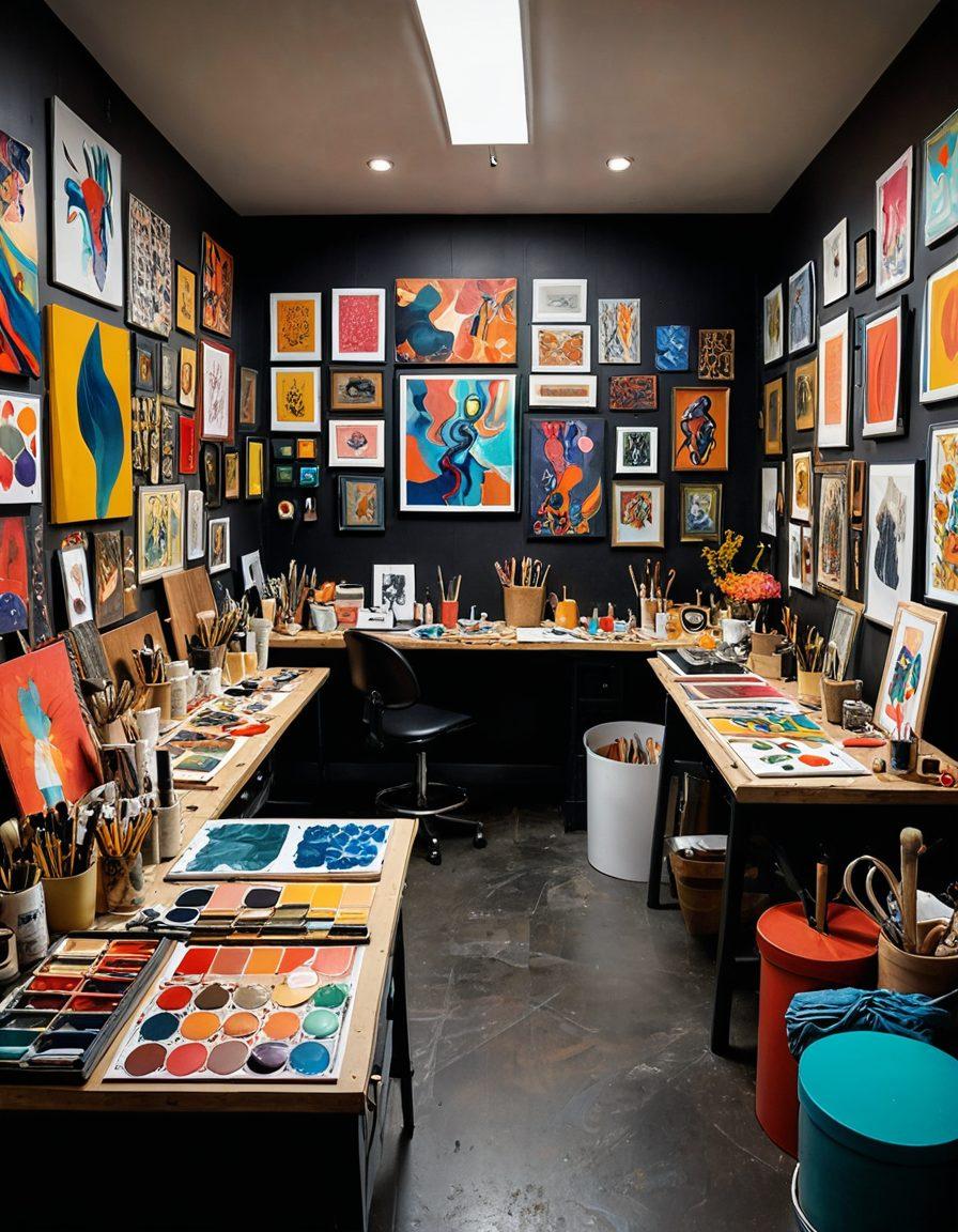 An artistic fusion of vibrant fetish art and elements of adult entertainment, showcasing a diverse group of talented artists at work. The scene should convey a celebratory atmosphere with colorful canvases, bold shapes, and intricate designs, while hinting at the playful and provocative nature of the art. Include various art supplies scattered around, emphasizing creativity and freedom of expression. Super-realistic. Bold colors. Studio environment.