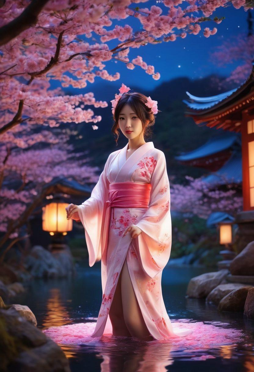 An enchanting scene featuring a diverse cast of characters from erotic anime, set against a vivid, dreamy Japanese landscape. Incorporate elements like cherry blossoms, neon lights, and playful fantasy creatures, highlighting the allure and intimacy of the genre. Include seductive poses and expressive faces that capture the essence of adult fantasy. Add a soft glow to the background for an ethereal touch. vibrant colors. super-realistic.